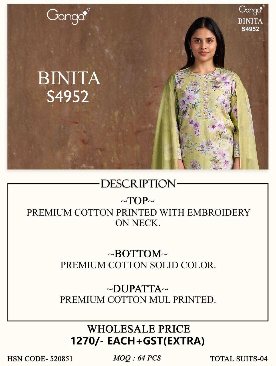 BINITA 4952 By Ganga Fashion Stylish Beautiful Colourful Cotton Dresses At Wholesale Price